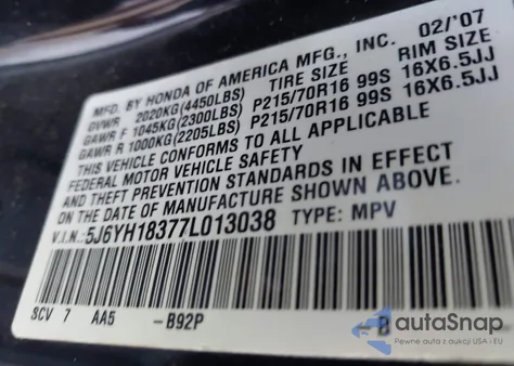 2007 Honda Element Lx from USA, damaged, VIN 5J6YH18377L013038